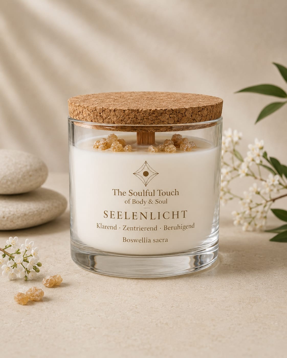 Seelenlicht Kerze im Glas mit Korkdeckel und Weihrauchharzen