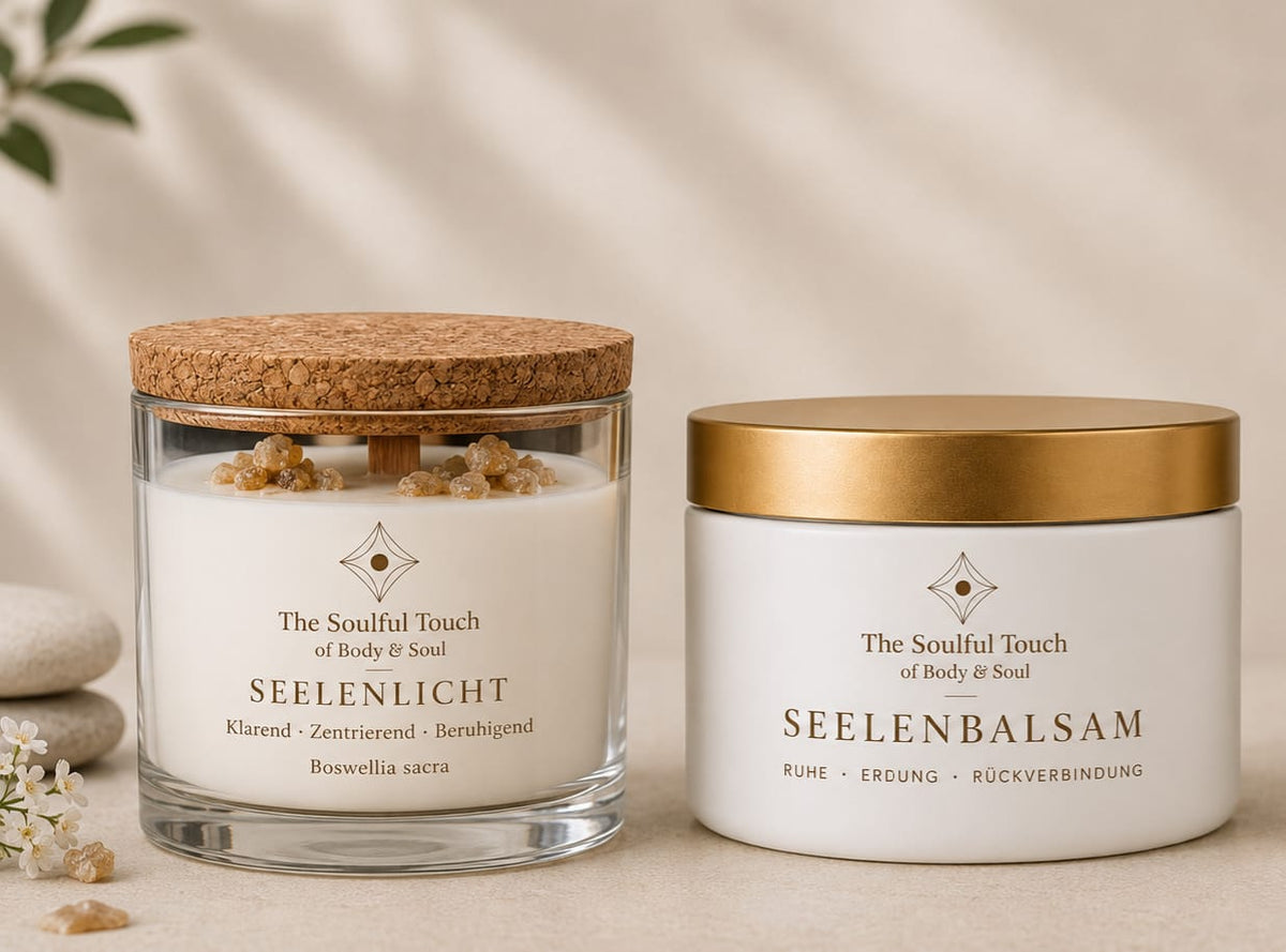Seelenlicht Kerze und Seelenbalsam nebeneinander